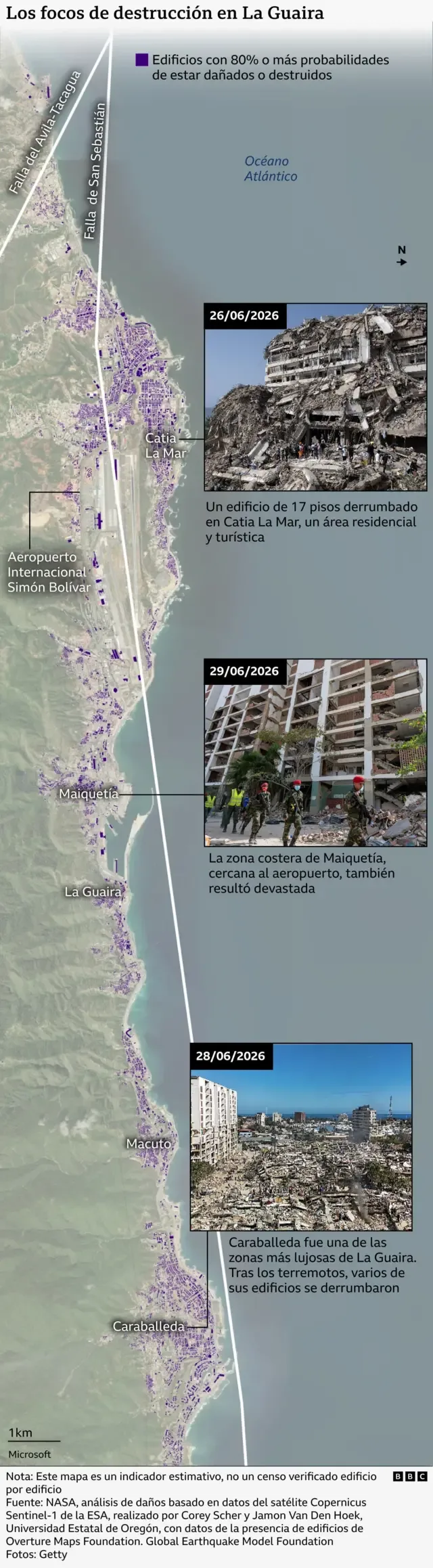 Mapa que muestra las zonas más afectadas en La Guaira, como Catia La Mar y Caraballeda