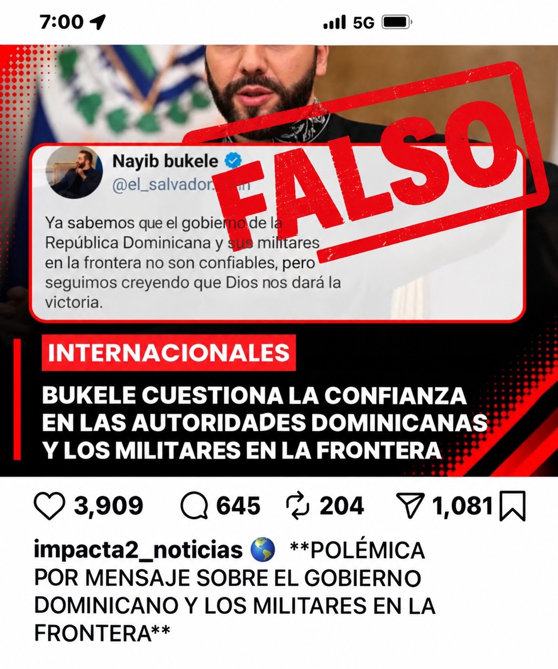 MIREX aclara que mensaje atribuido a Bukele cont be ra República Dominicana es falso